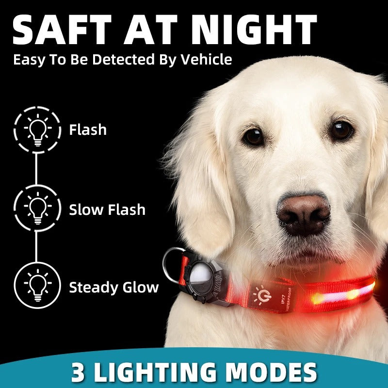 Waterproof LED Pet Collar with Airtag GPS Tracker Case